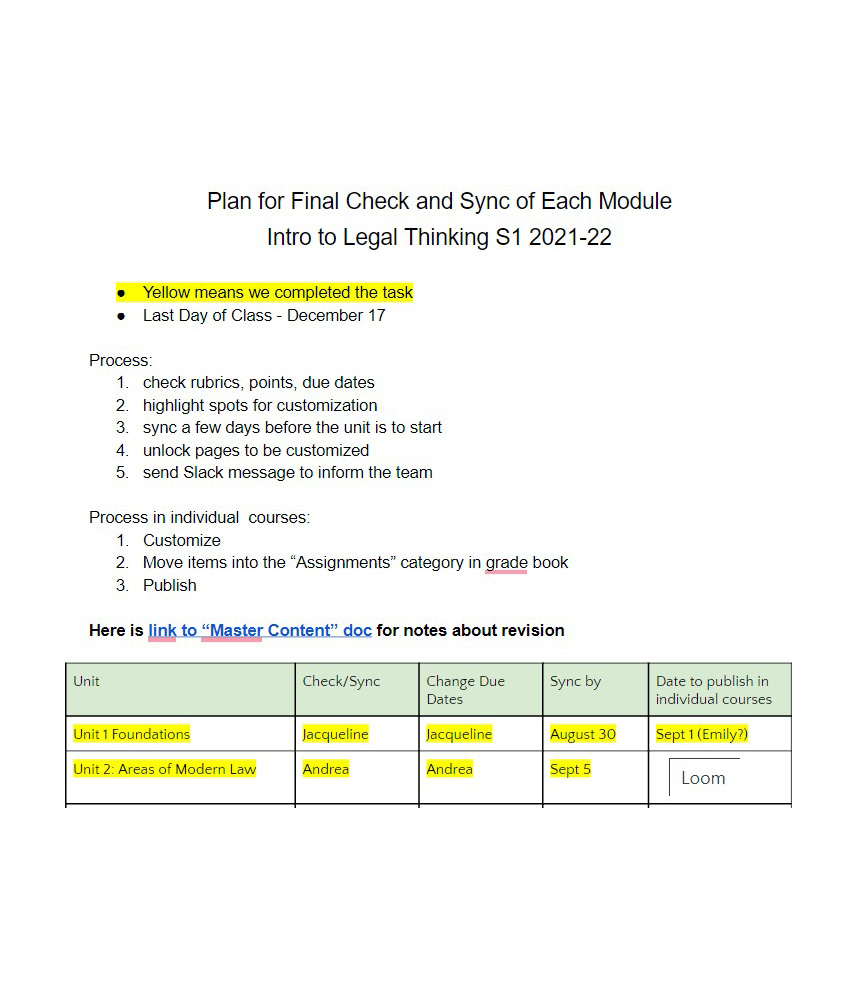 Screenshot of a word document plan with tasks