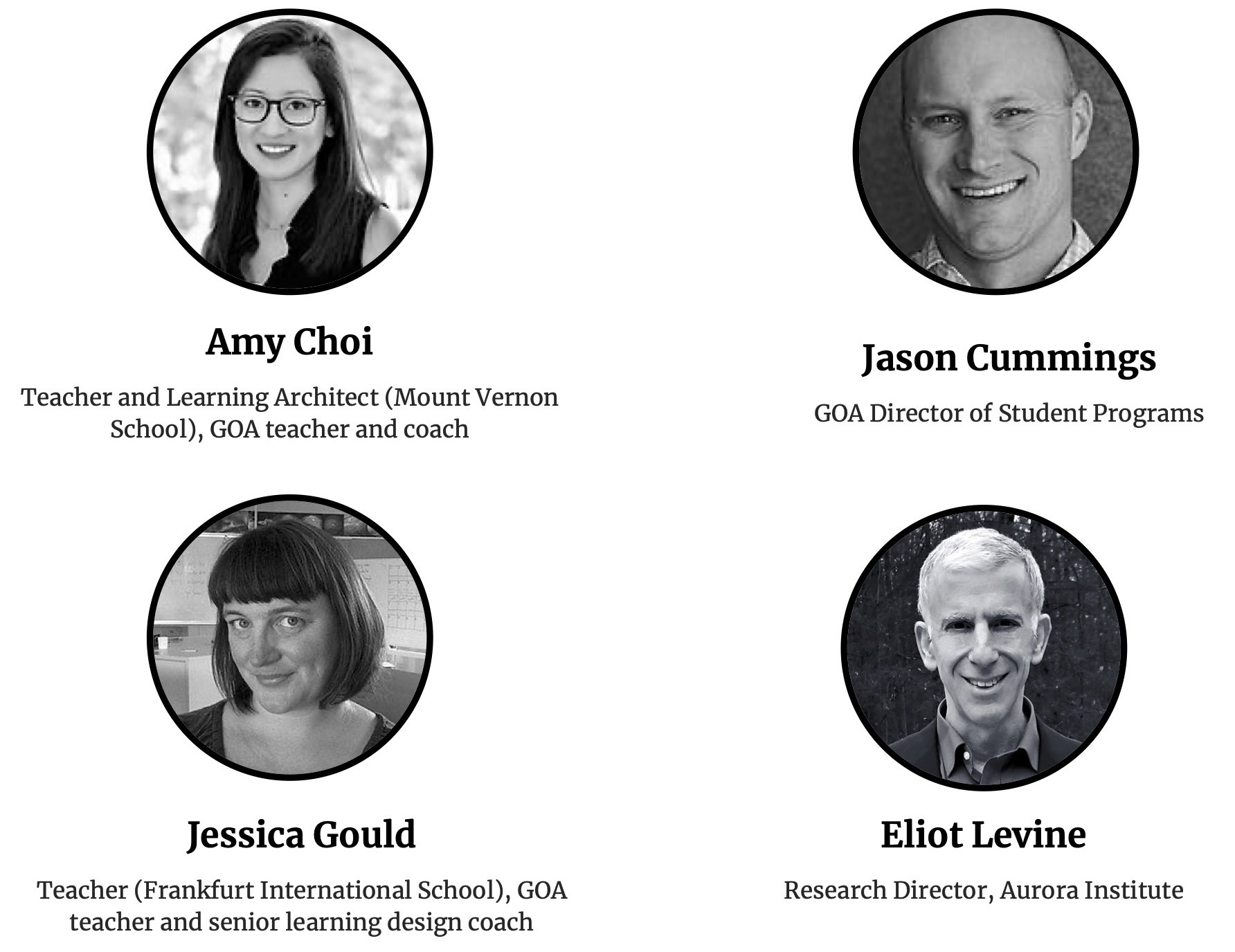 Four headshot images of four panelists from the January 27, 2022 GOA Ask Me Anything Live Event on Competency-Based Learning.