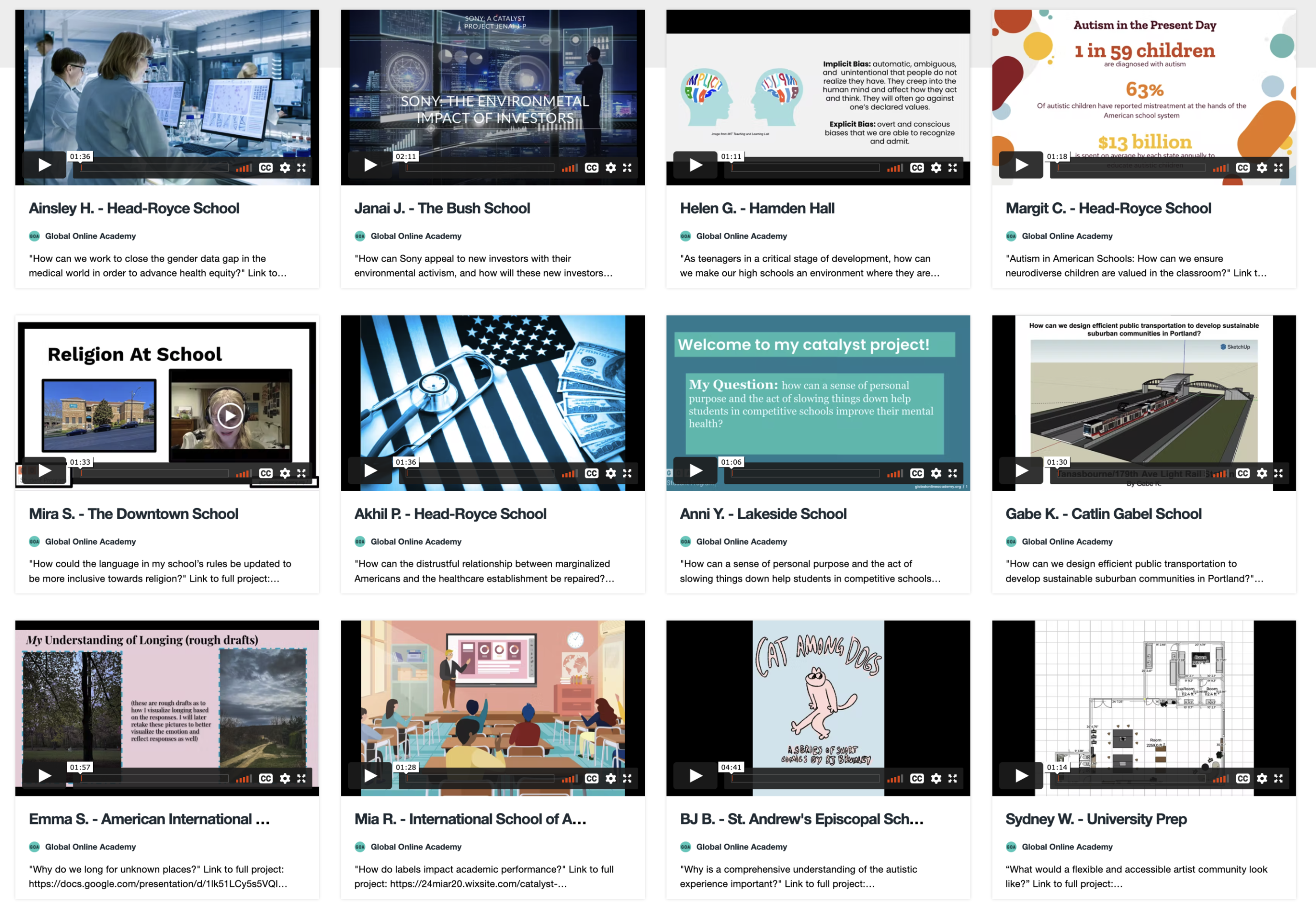 Screenshot of a Vimeo showcase collection of student video introductions for the Catalyst Exhibition