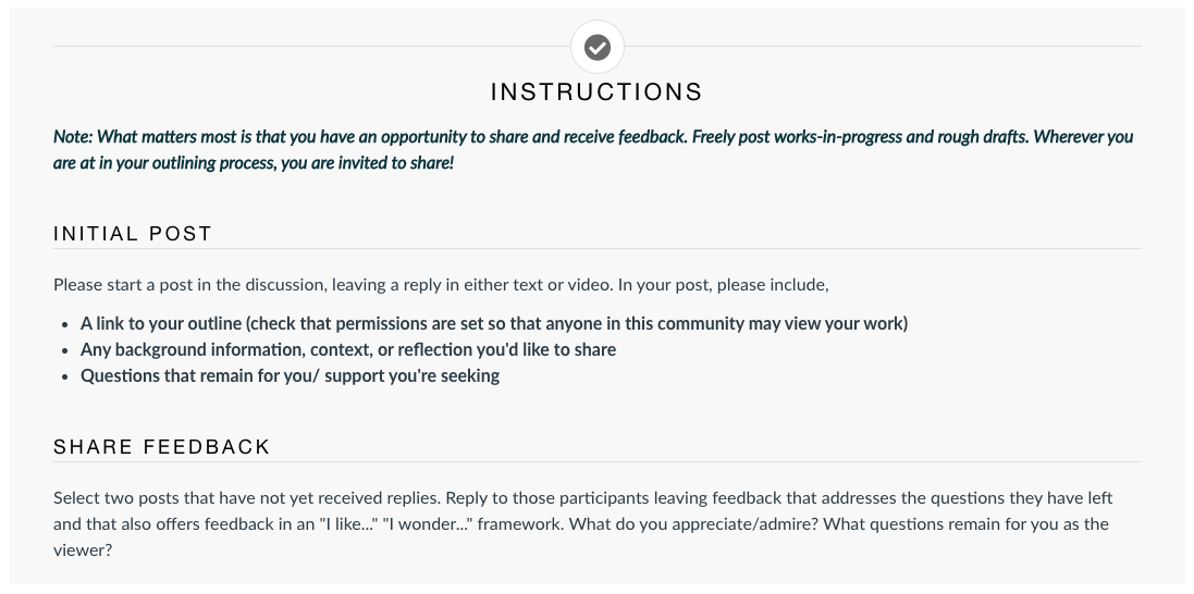 Screenshot of discussion instructions in Canvas LMS with guidance for first post and second post.