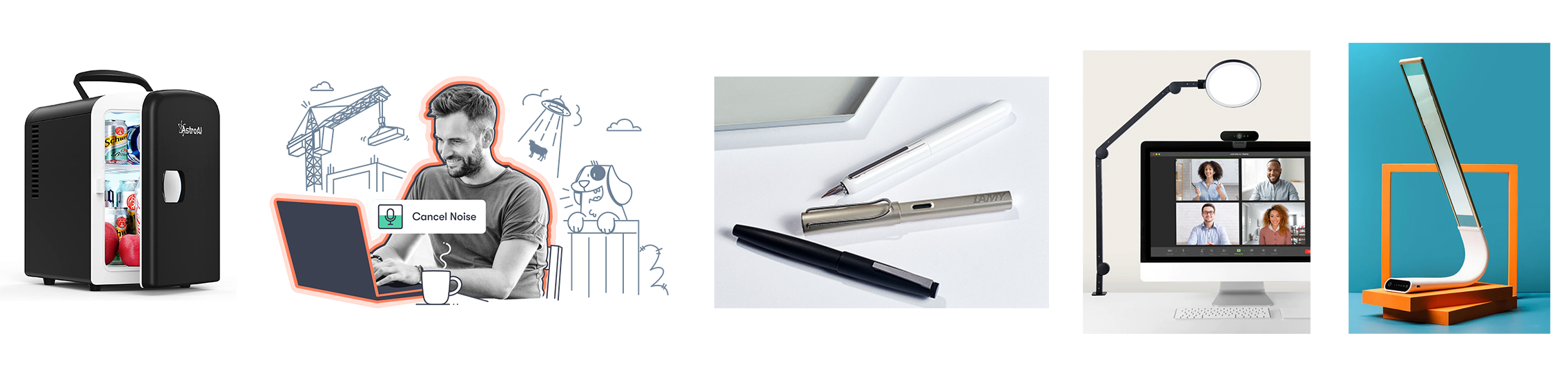 Collection of five images: a mini fridge, noise cancellation software, fountain pens, and two desk lamps