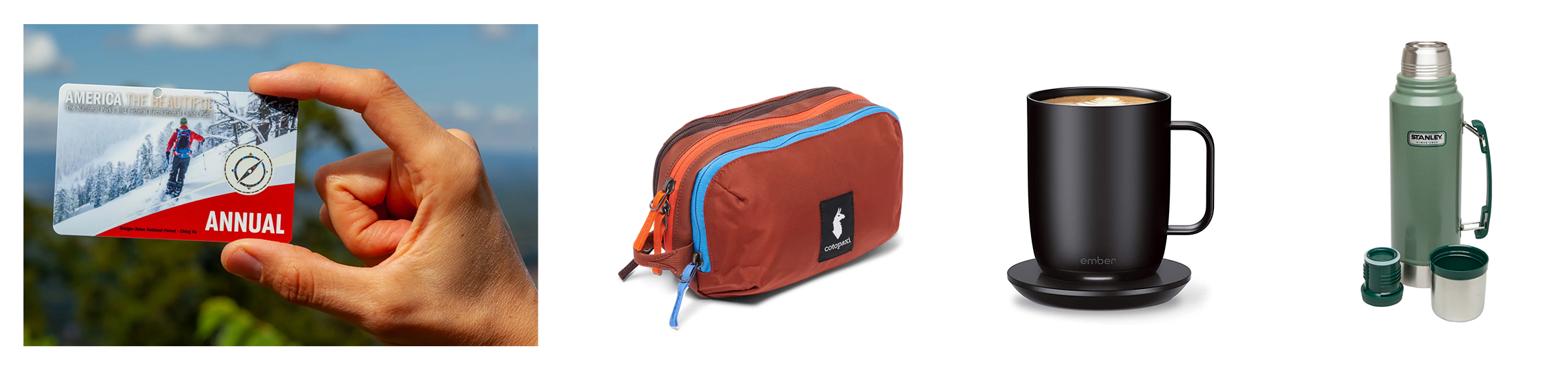 Collection of four images representing gifts for someone who likes to travel