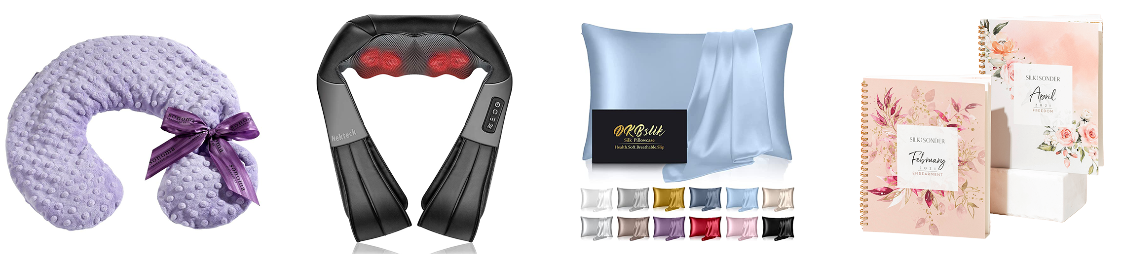 Collection of four images representing four gifts: a neck pillow, neck massager, silk pillowcase, and journals