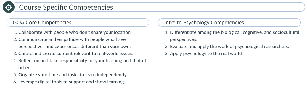 Image of core and course competencies presented as text on a page.