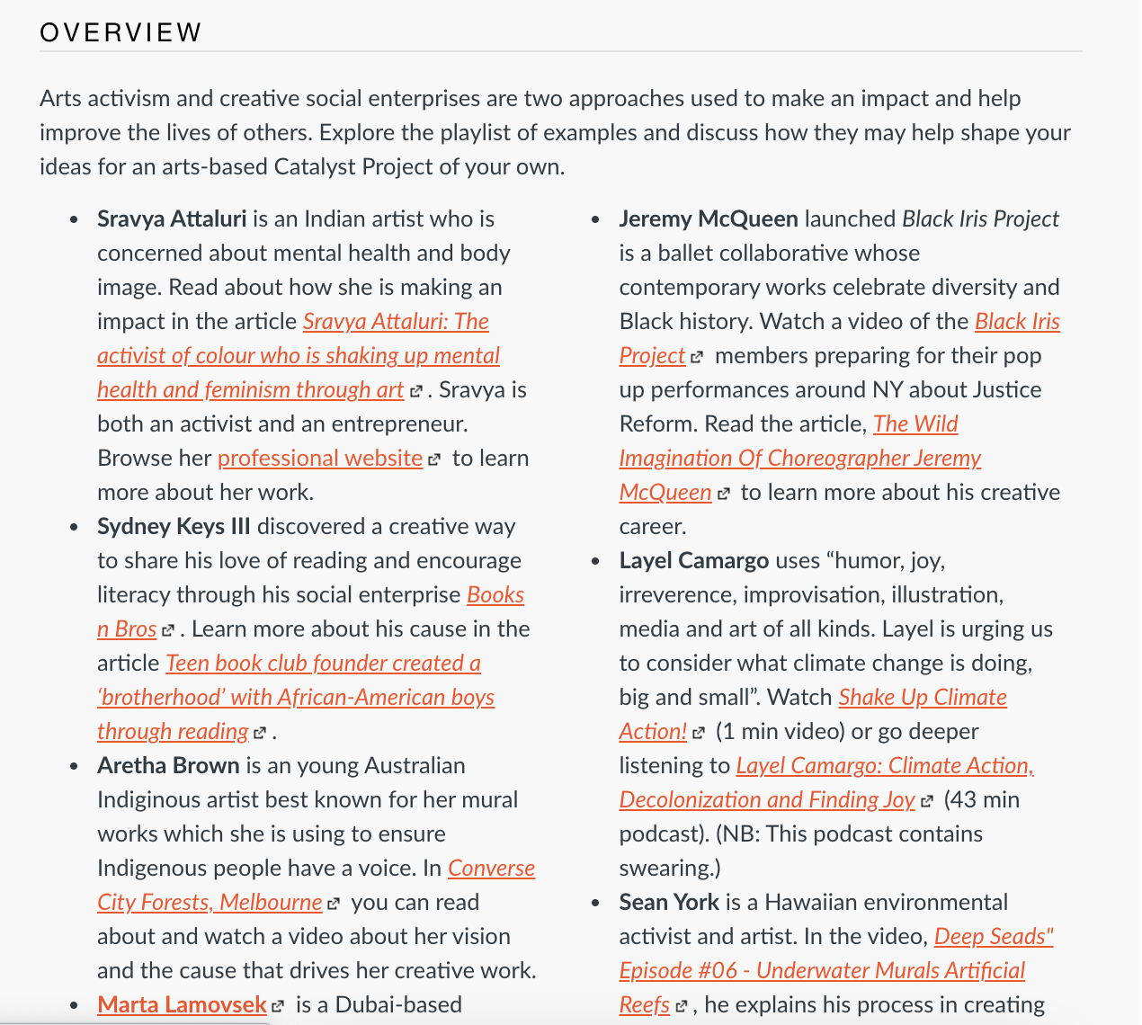 A list of various resources related to topics in an arts entrepreneurship course