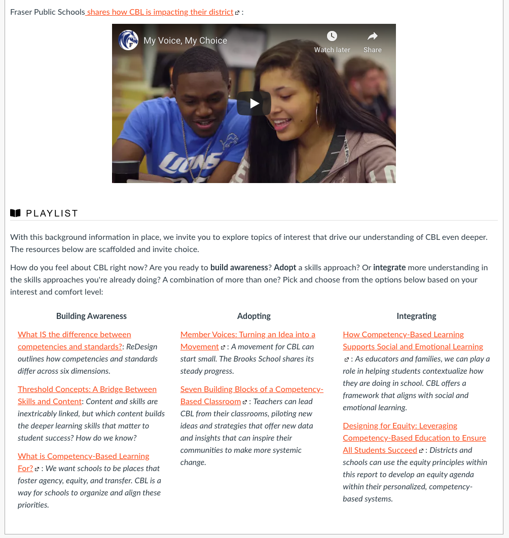 Screenshot of a GOA course in Canvas LMS that includes an embedded video and columns to organize content.