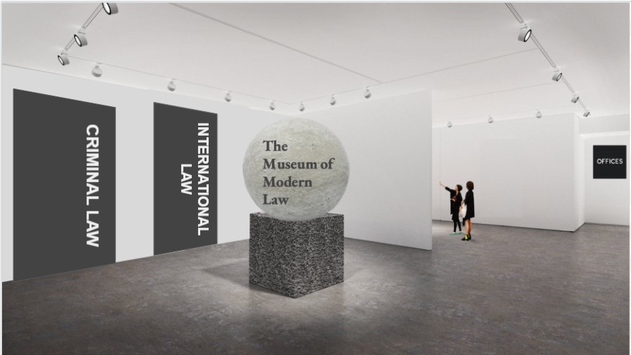 Image of a virtual museum exhibition room with text including: The Museum of Modern Law, International Law, Criminal Law