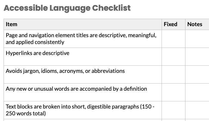 partial image of GOA's accessible language checklist, with some categories listed