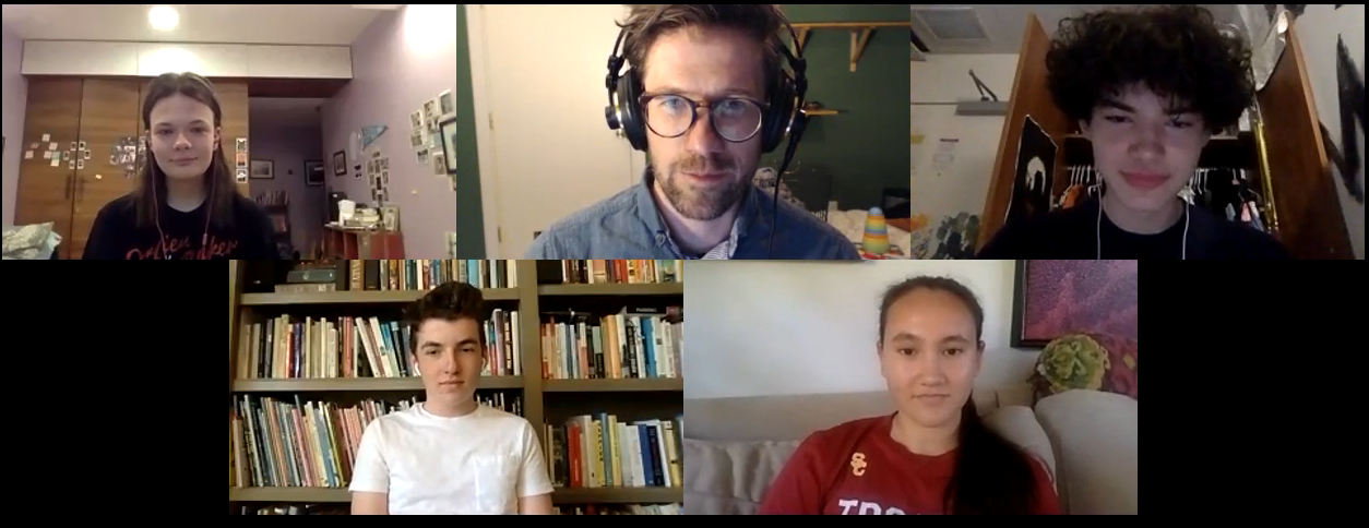 Screenshot of teacher on Zoom with four students