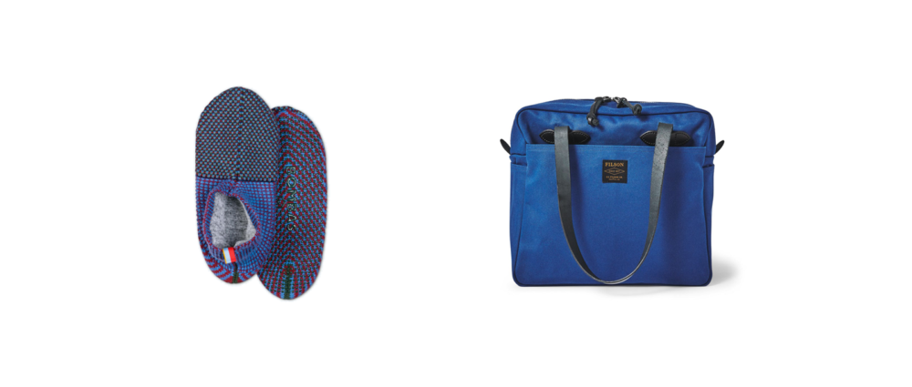 Two images of gift ideas: Bombas Gripper Slippers and Filson Tote Bag