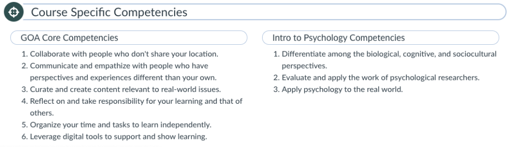 Image of core and course competencies presented as text on a page.