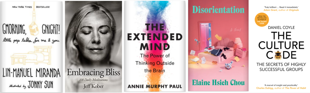 Covers of Gmorning, Gnight!, Embracing Bliss, The Extended Mind, Disorientation, and The Culture Code.